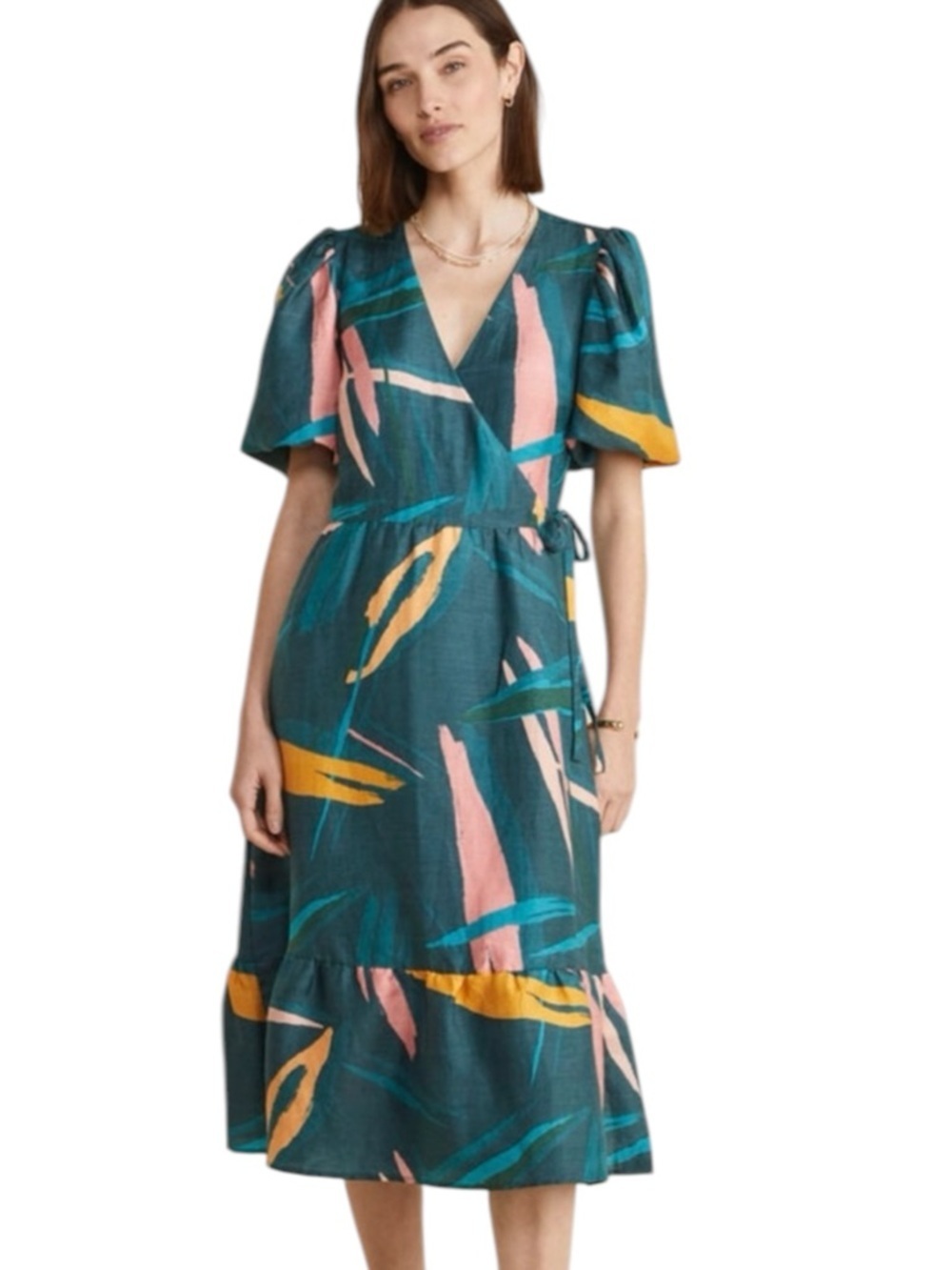 NWOT Vineyard Vines Tropical Abstract Wrap Midi Dress Puff Sleeve XL Silk Blend